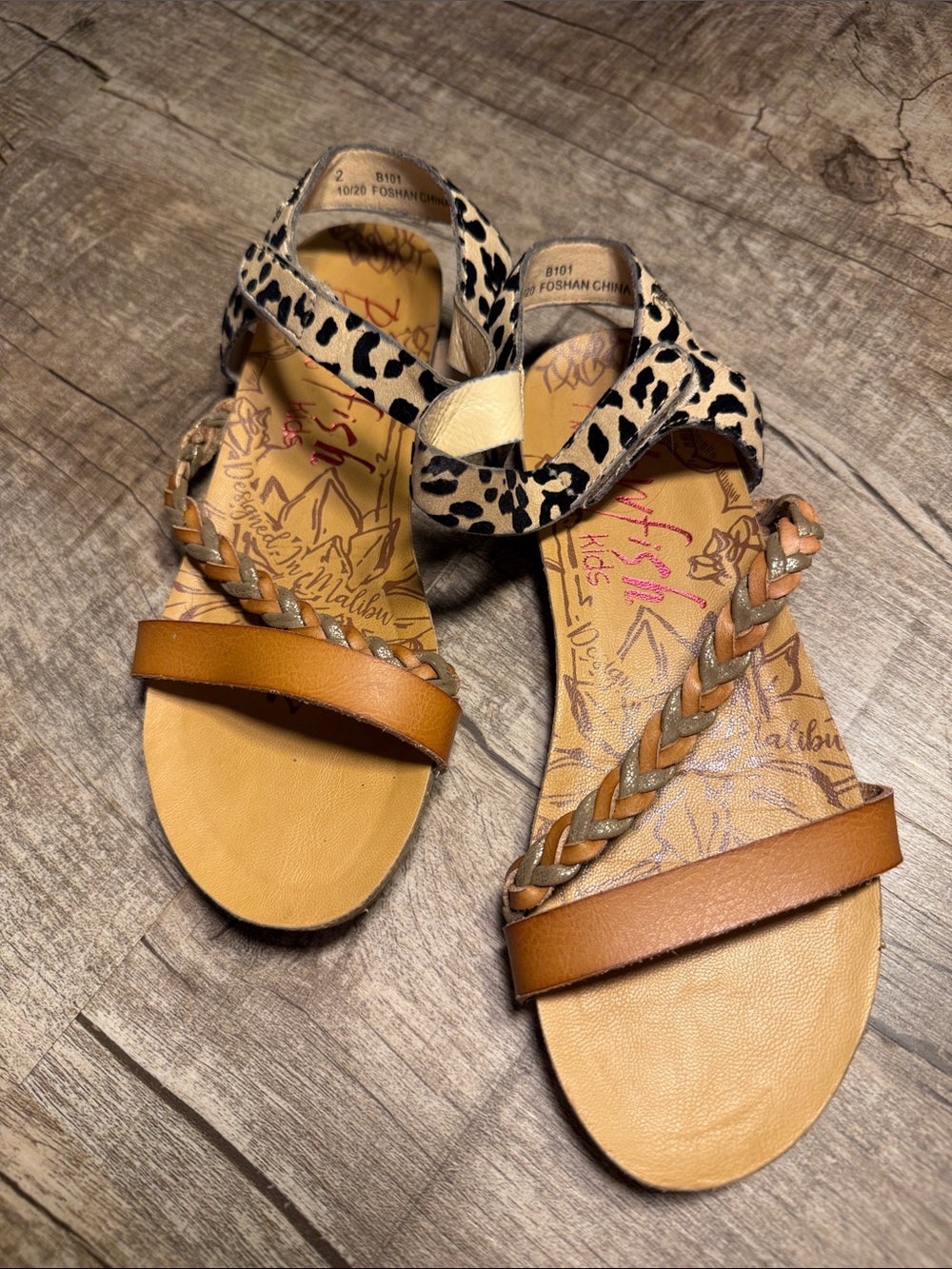 5/$15 Blowfish Kids Leopard Ankle-Strap Sandals - Brown & Black size 2